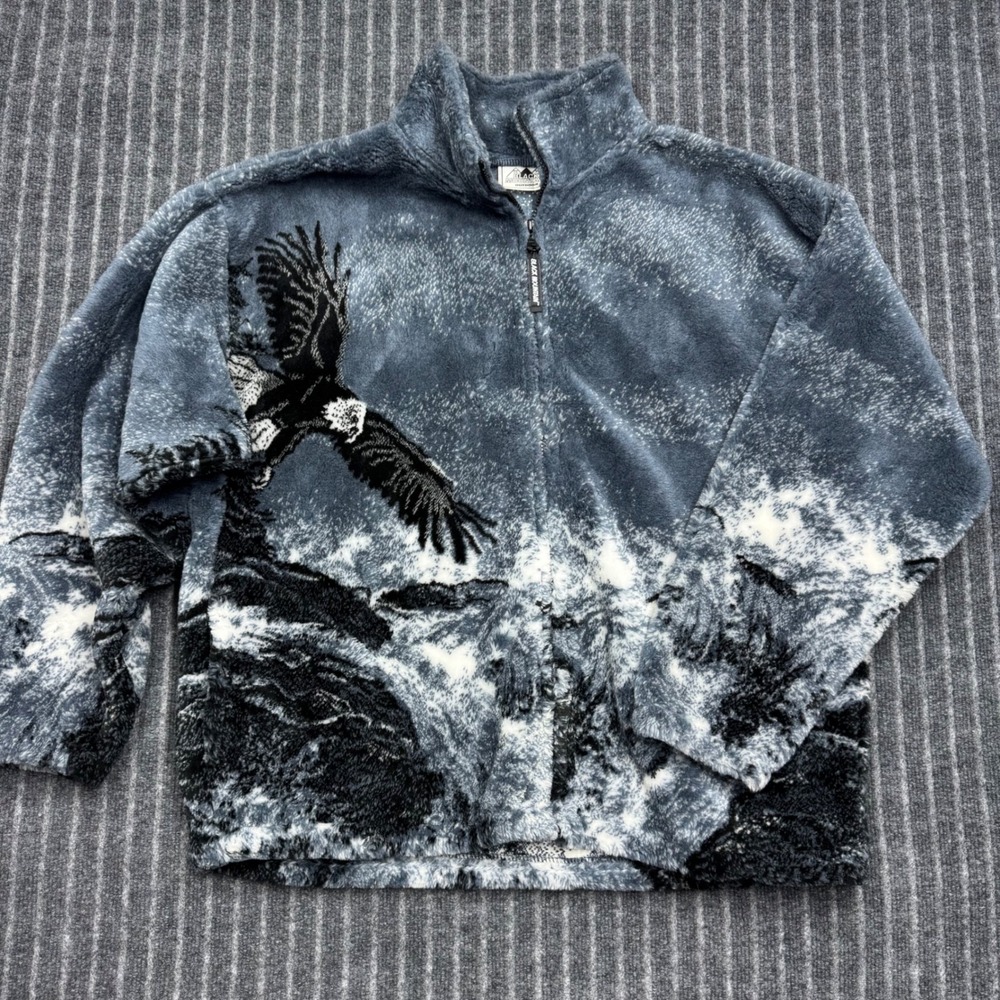 Black Mountain Outdoor Men Fleece Jacket Large Blue Eagle Nature Print USA Made